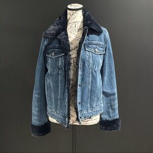 Good American Blue Denim Jacket with Faux Fur Trim